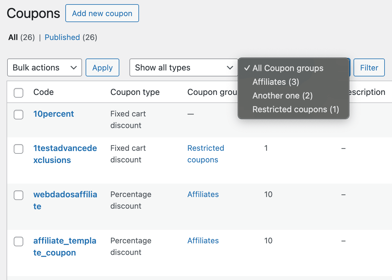 Filter by Coupon group on the coupons management screen