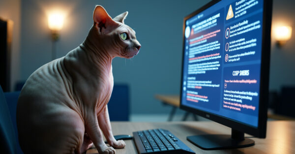 Quica looking at a computer screen showing a security alert - AI generated