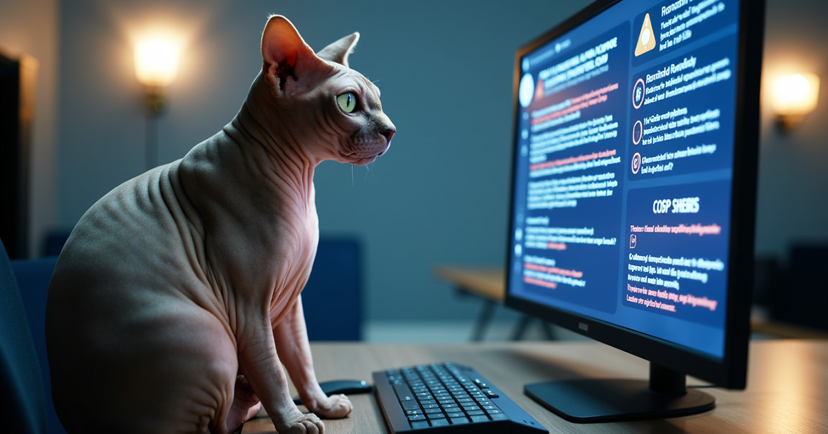 Quica looking at a computer screen showing a security alert - AI generated