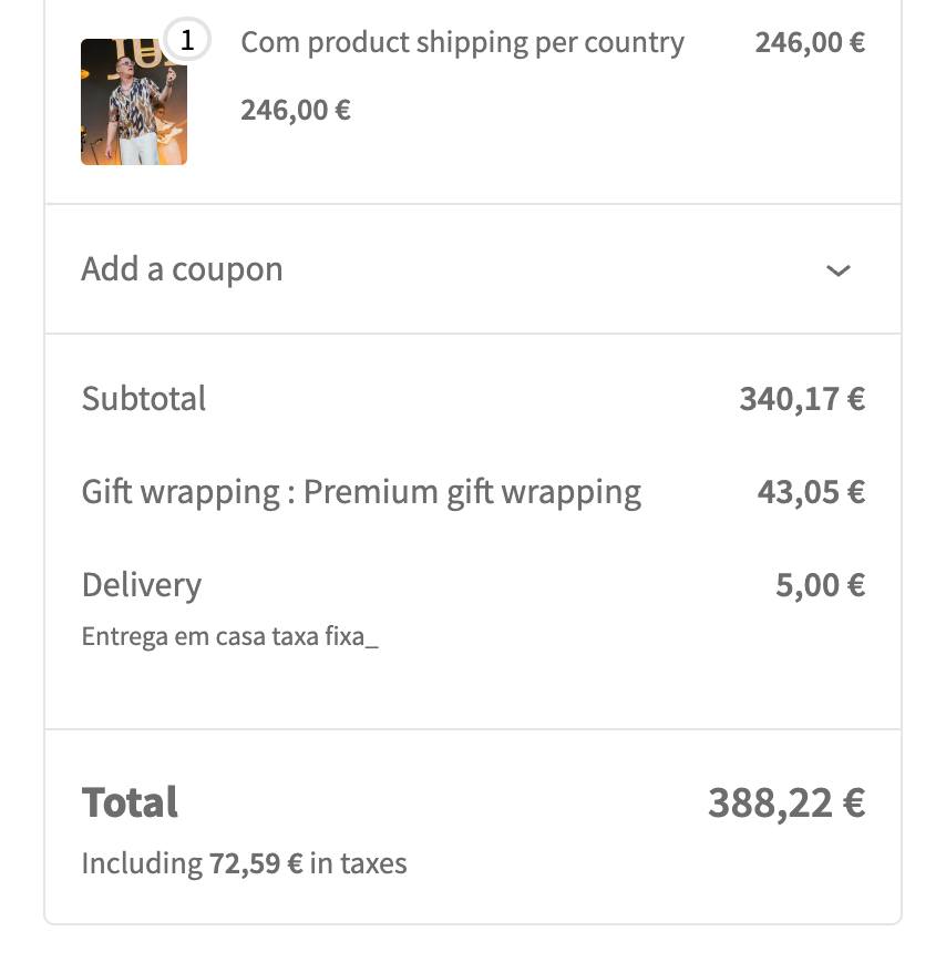 WooCommerce checkout totals showing the applied fee for the “Premium gift wrapping” option selected via the custom field, with the fee listed separately from the product subtotal and delivery cost.