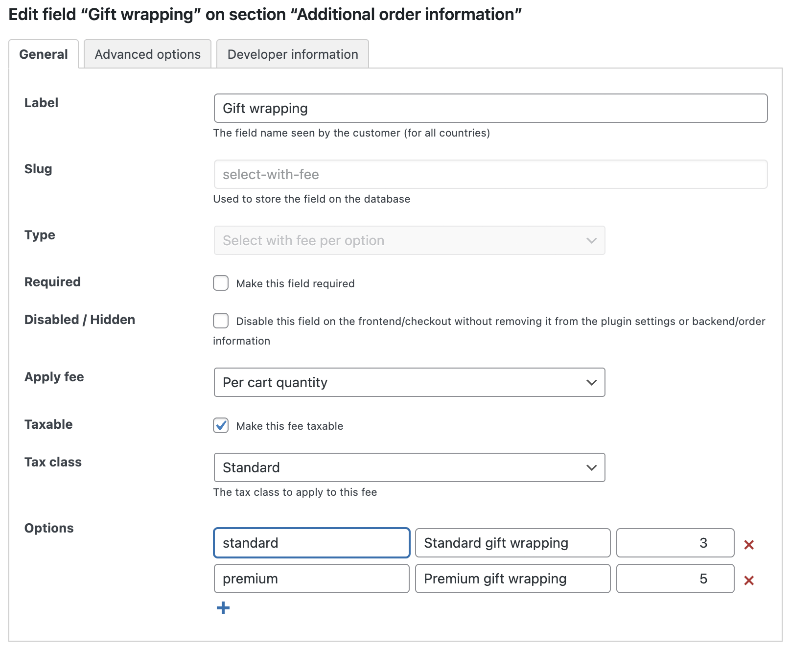 Admin interface showing the setup of a “Gift wrapping” custom field using the “Select with fee per option” type in the Simple Checkout Fields Manager for WooCommerce plugin. Includes options for applying fees per cart quantity, setting tax class, and defining selectable options with individual fees.