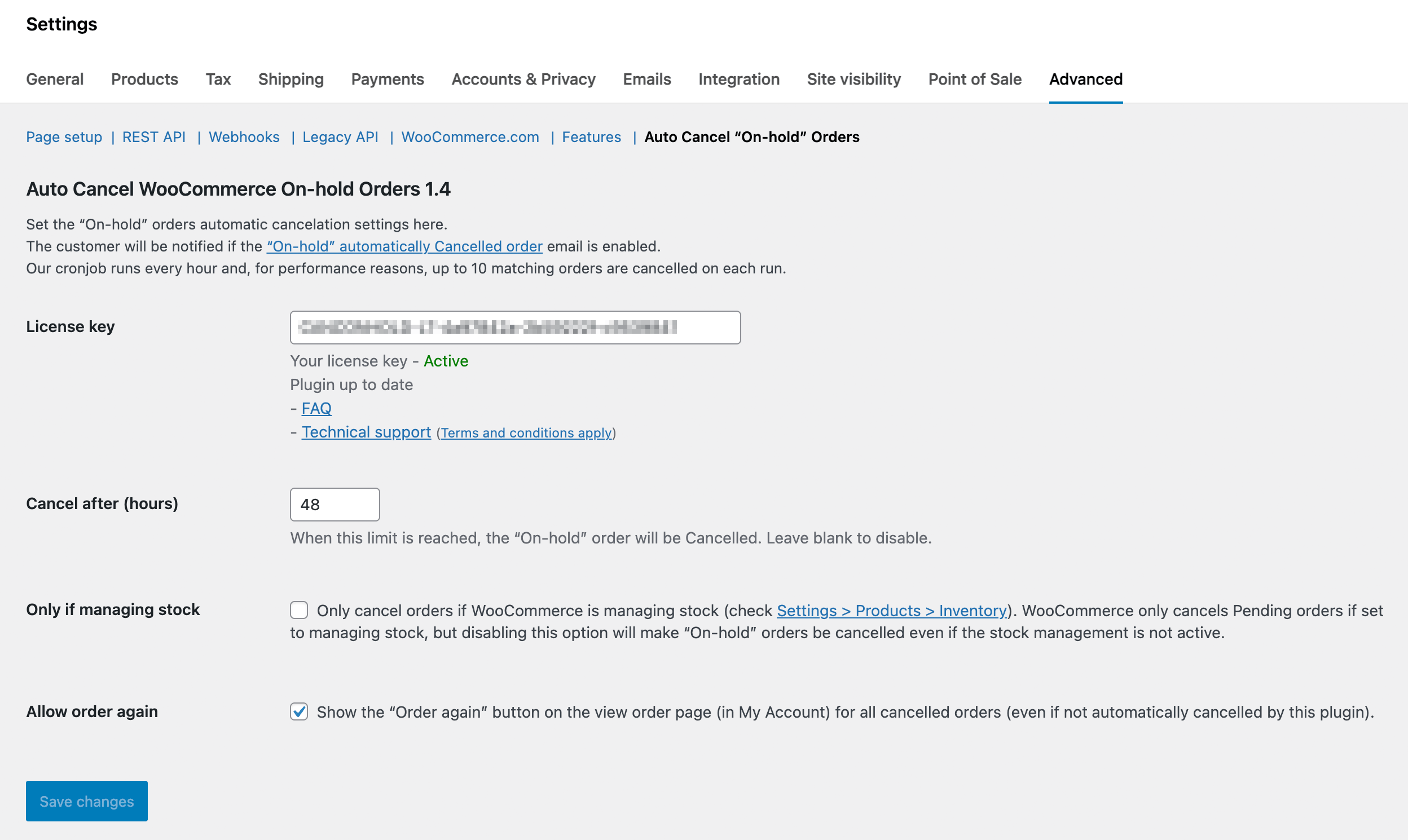 Auto Cancel WooCommerce On-hold Orders - Settings screen