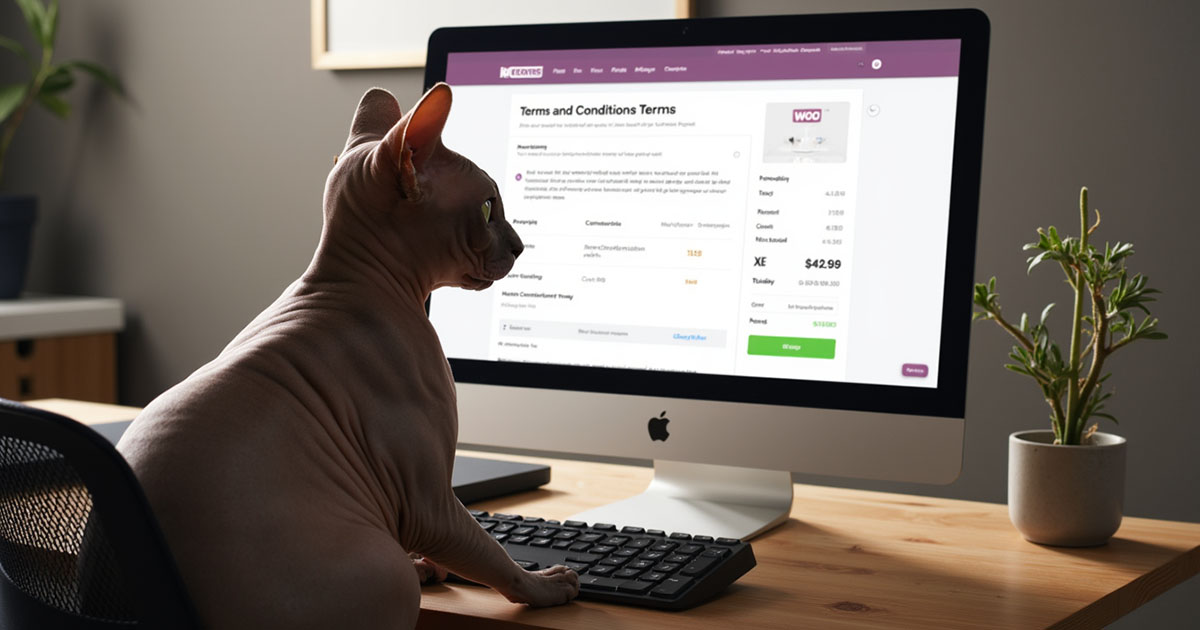 A cat looking at the WooCommerce terms and conditions on the checkout page