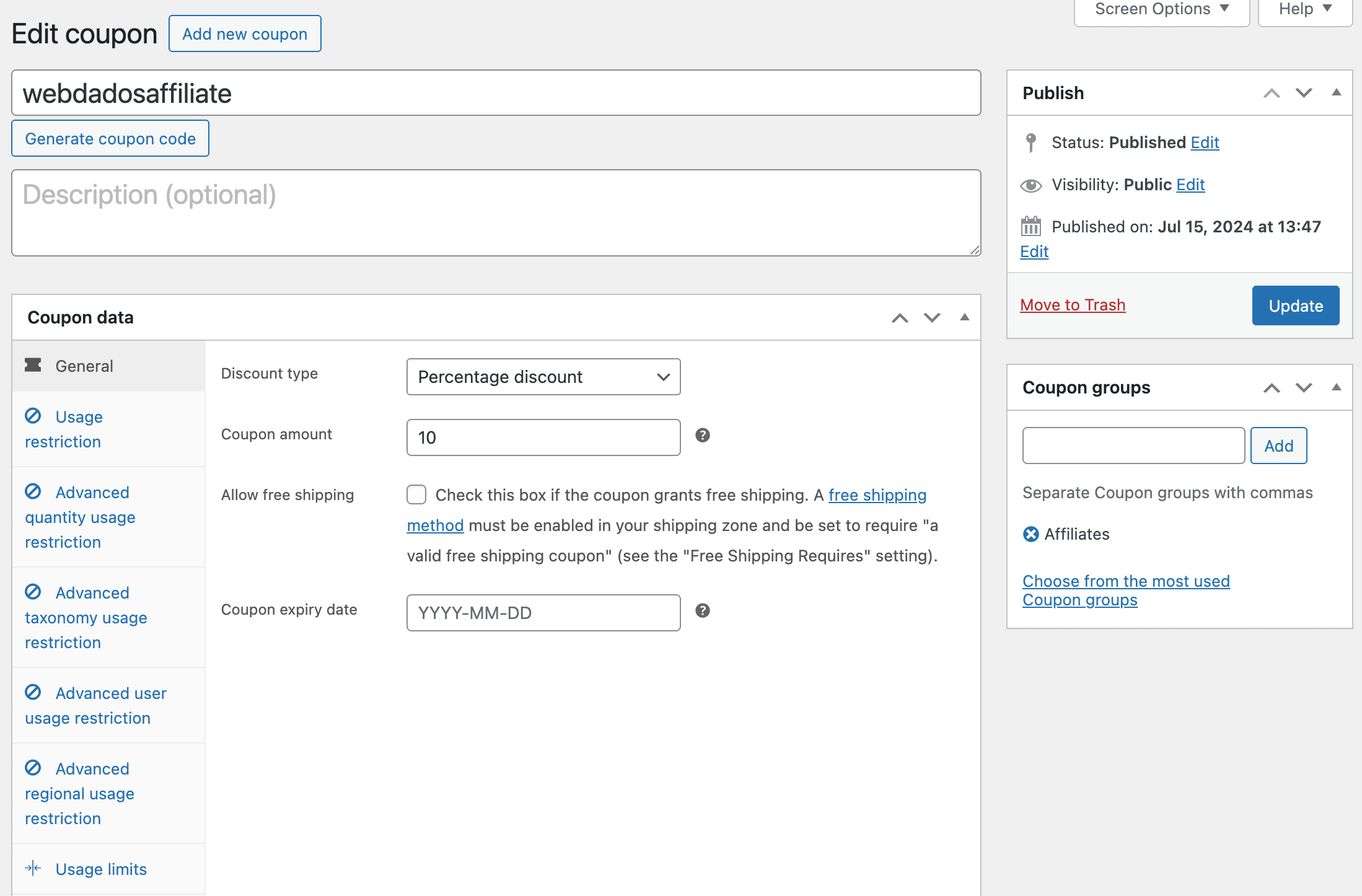 Coupon groups is just a regular WordPress taxonomy and can be managed easily