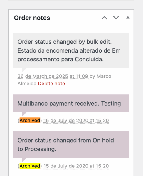 Archived order notes shown on the order edit screen