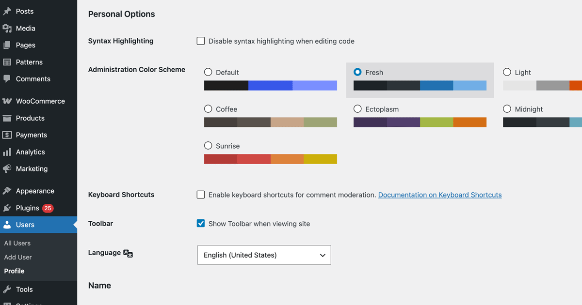 Change WP Admin color scheme on the user profile