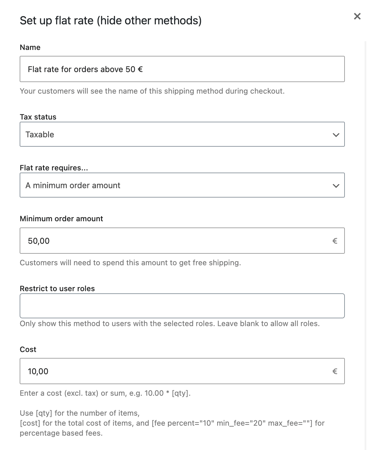 WooCommerce Flat rate for order above a minimum amount