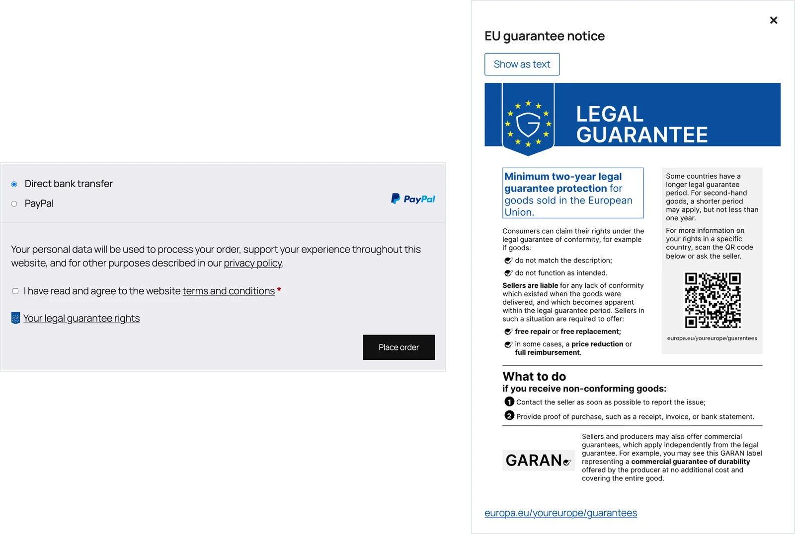 The EU guarantee notice link at the checkout, right before the Place order button, and the official notice it opens