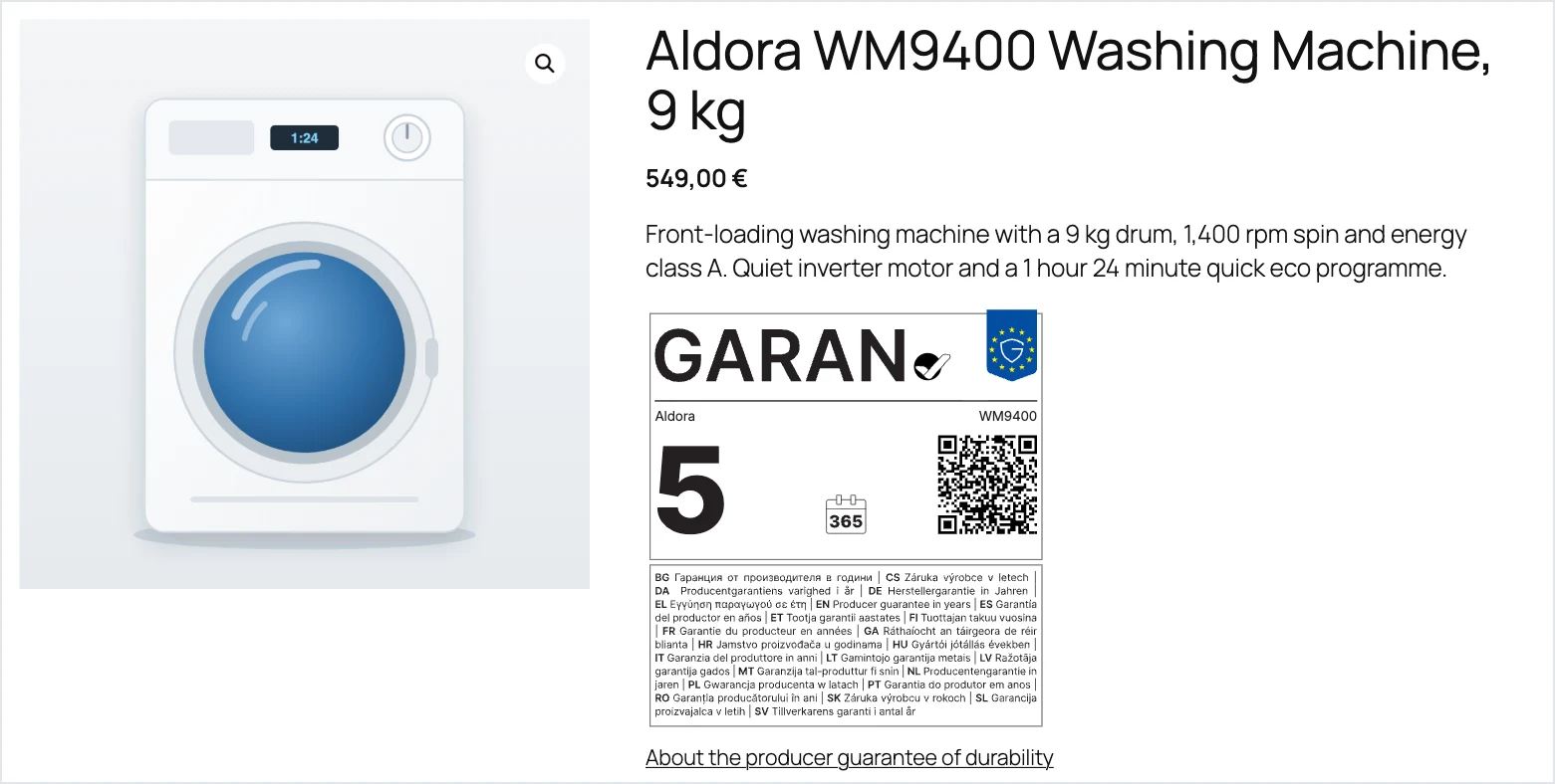 A product page with the full EU GARAN label opened next to the product image