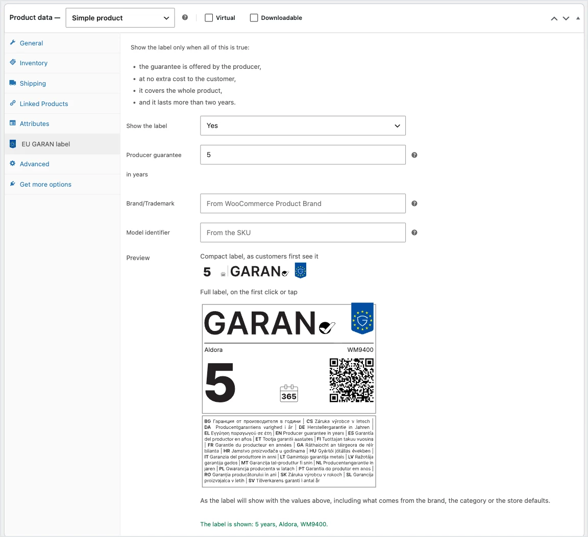 The EU GARAN label tab in the product screen, with the live preview of the compact and the full label