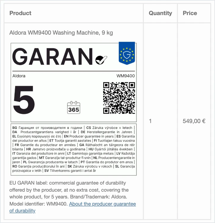 An order confirmation email with the EU GARAN label under the ordered item
