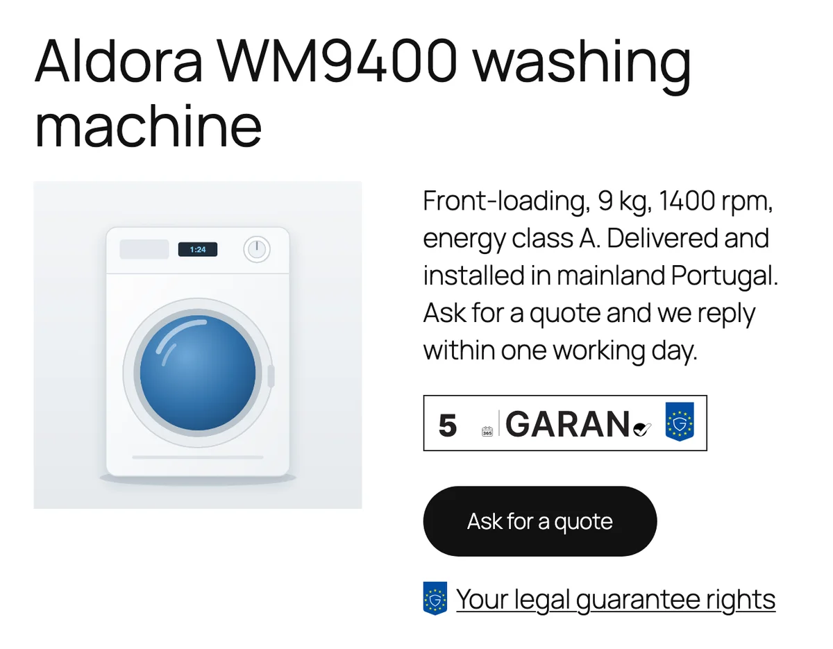 A product page on a WordPress site without WooCommerce, with the compact EU GARAN label under the description and the EU guarantee notice link under the order button
