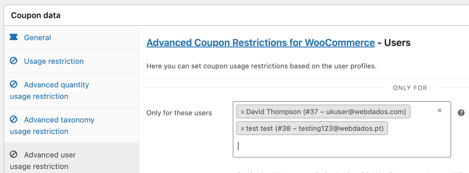 Limit WooCommerce coupon to specific users