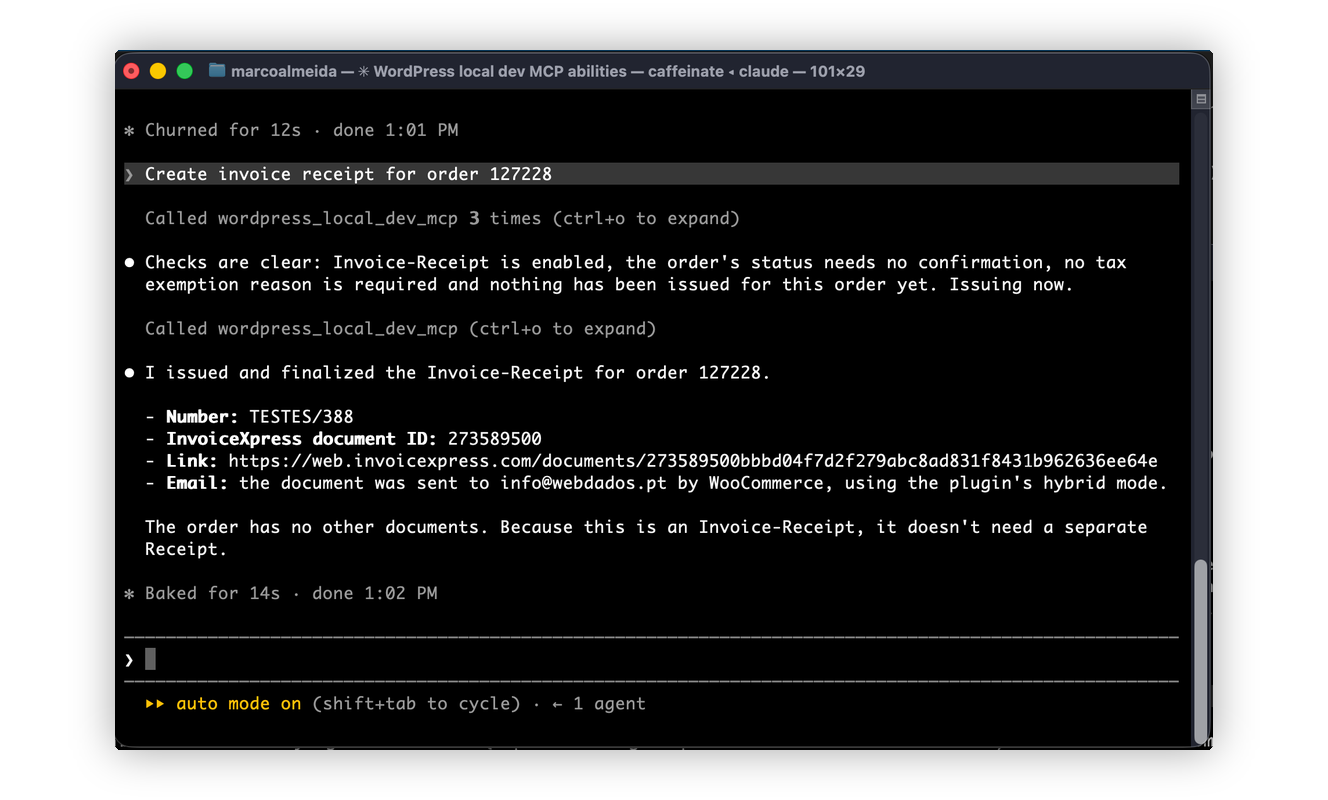 Claude issuing an InvoiceXpress invoice for a WooCommerce order