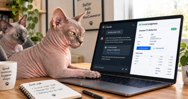 Uma gata sphynx ao lado de um portátil onde o Claude emite uma factura no InvoiceXpress